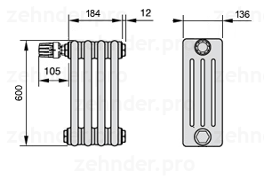 Схема (чертеж) Радиатор Zehnder Charleston 4060/4 №V011 Белый глянцевый RAL 9016